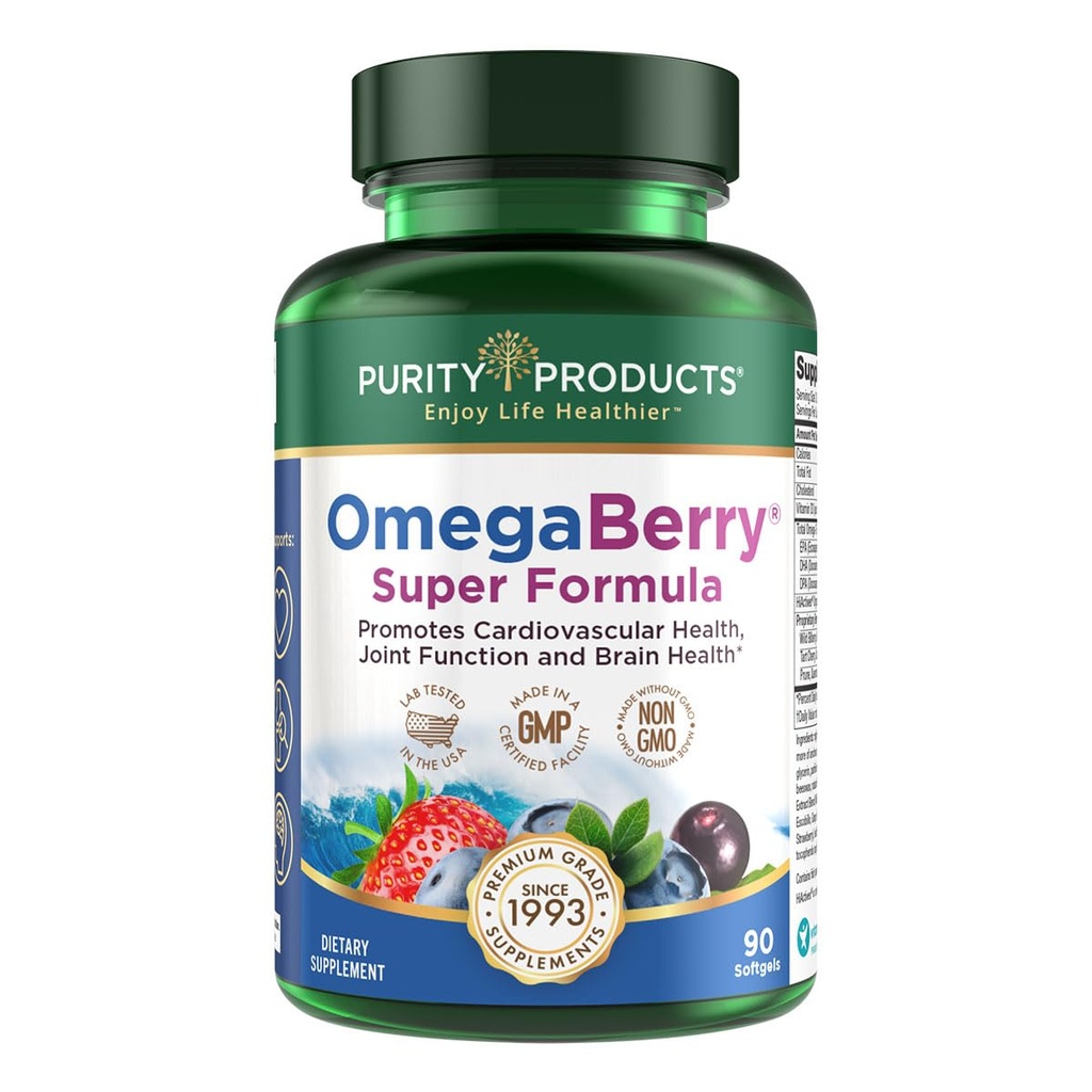 Prodotti di purezza OmegaBerry Fish Oil w/Vitamin D3 + Organic Acai Super Formula - 1875 mg di Concentrato, Molecularly Distilled, Ultra Pure Omega-3s 1080 mg EPA + 720 mg DHA + 120 mg DPA - 90 Conte