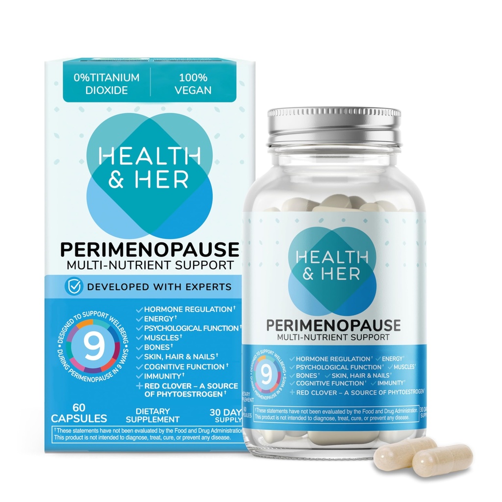 Salute e la sua Perimenopausa Supplemento per le donne - Il No.1 Perimenopause del Regno Unito Supplemento - Multi-Nutrient Wellbeing Support per la prima fase di Menopause, Vegan, Gluten-Free, Non OGM (60 ct - 1 mese)