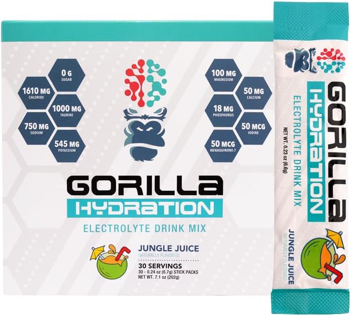 Pacchetti di idratazione della mente di Gorilla - 3,073mg Elettroliti sul Go Conveniente miscela di bevanda per il rifornimento completo - Zucchero Zero, naturalmente addolcito e digiuno amichevole - 30 conteggio (Jungle Juice)