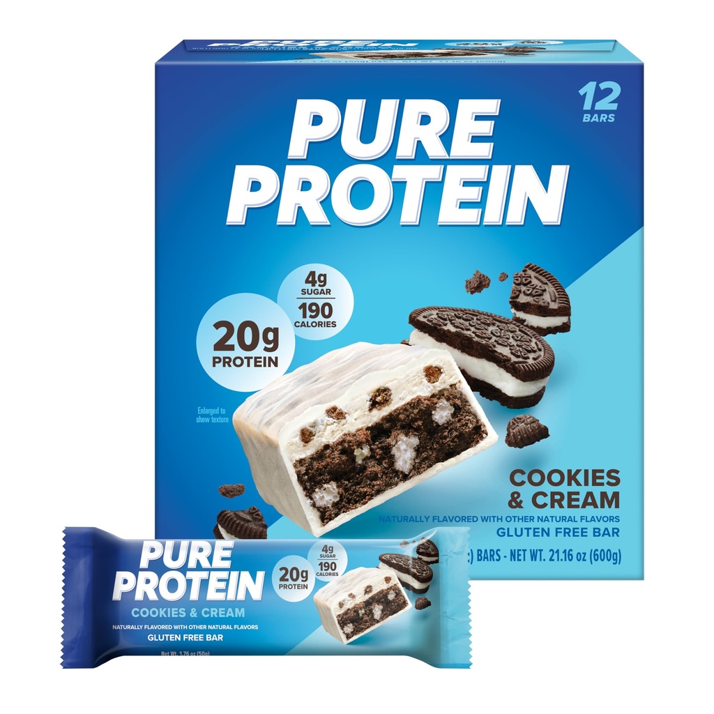 Pure Protein Bars, High Protein, Snack Nutritious per sostenere l'energia, Basso zucchero, Senza glutine, Biscotti e Crema, 1.76oz, 12 Pack