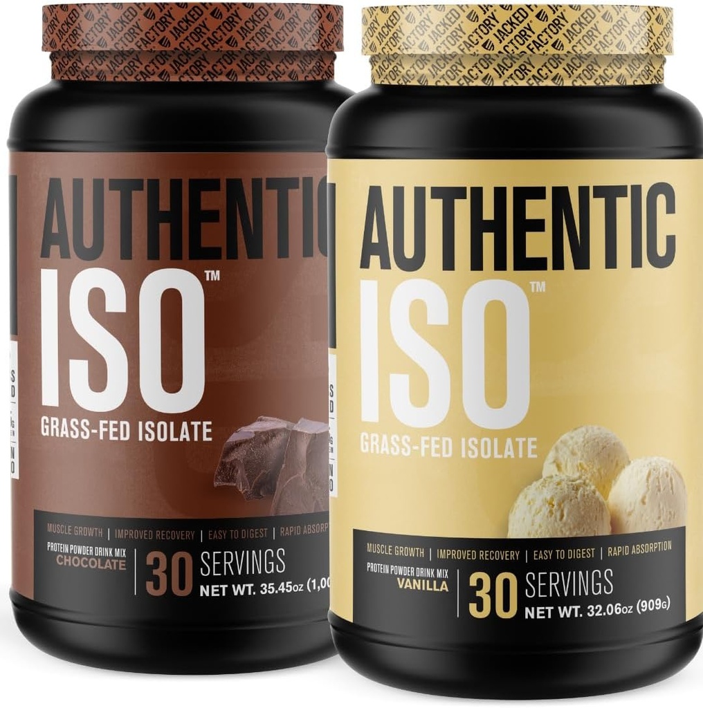 Fabbrica di Jacked Autentica ISO Grass Fed Whey Protein Isolate Powder - Basso Carb, Non OGM Muscle Building Protein w/No Fillers (Chocolate, 30sv) & (Vanilla, 30sv)