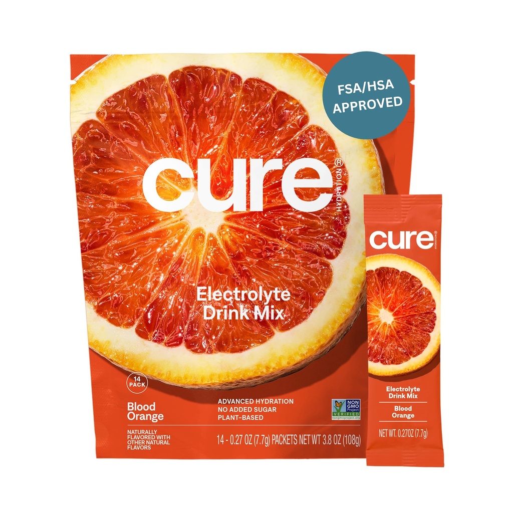 Cure Hydration | Miscela elettrolitica a base vegetale | No Aggiunto Zucchero | FSA-HSA | Polvere di rilievo di disidratazione fatta con acqua di cocco | Non-GMO | Vegan | Pouch of 14 Packets - Blood Orange
