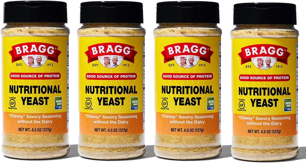 Bragg Nutritional Yeast Seasoning – Vegan, Gluten Free Cheese Flakes – Buona Sorgente di Proteine & Vitamine – Nutrito Savory Parmesan Cheese Sostituto – Non OGM Verified, 4.5 Ounce, 4-Pack