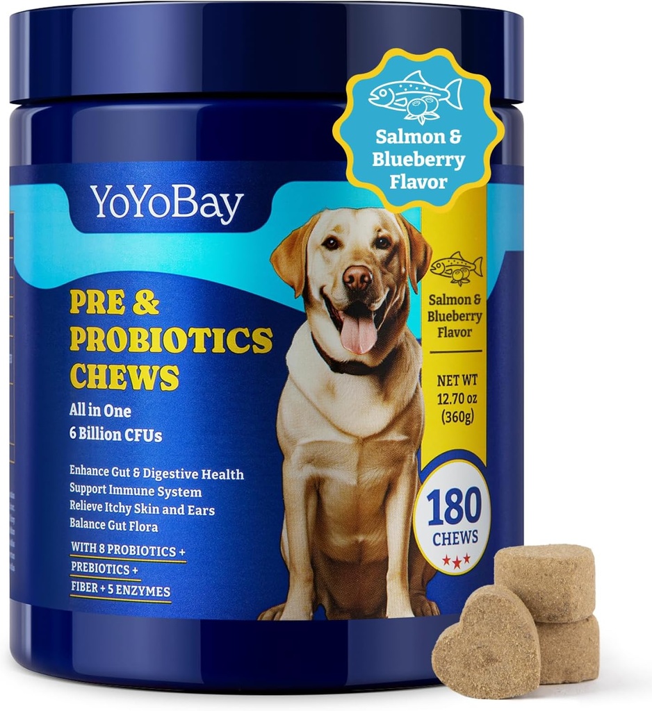 Probiotici per Cani - Probiotici per Gut, Immune & Skin Health - 6 miliardi di CFU, 180 Soft Chews, Salmon & Blueberry Flavor - con Prebiotici e enzimi digestivi