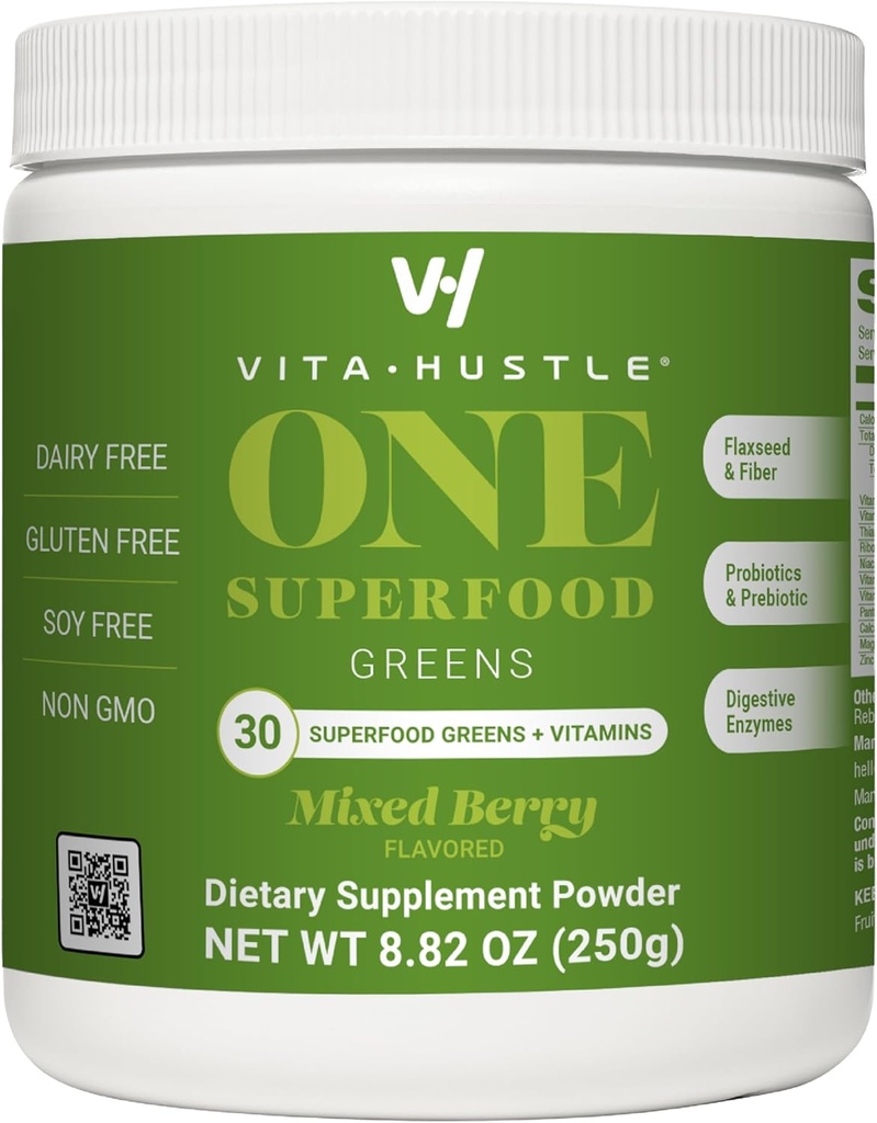 VitaHustle ONE Superfood Super Greens Polvere con Prebiotici + Probiotici, Ridurre Bloating, Detox, Gut Health, Spirulina, Chlorella, Enzimi digestivi (Berry Flavor, 25 Servings)