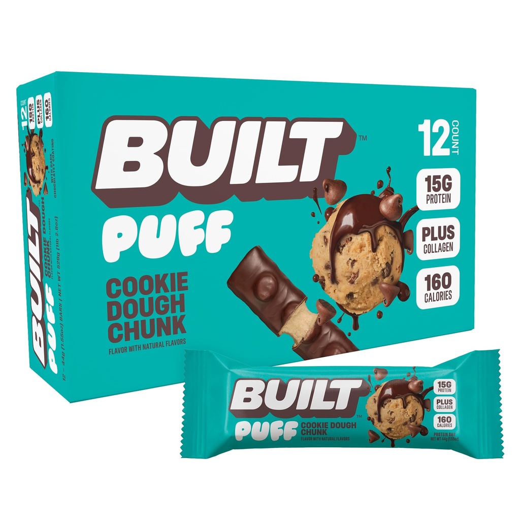 Barretta costruita, Barre di proteine di Puff, Puff di Cocco di Biscotto, 15g Spuntini di Proteine, Barre On-The-Go, Solo 160 Calorie, 8g Zucchero, Collagene, Non Gluten Free, 12 Conte