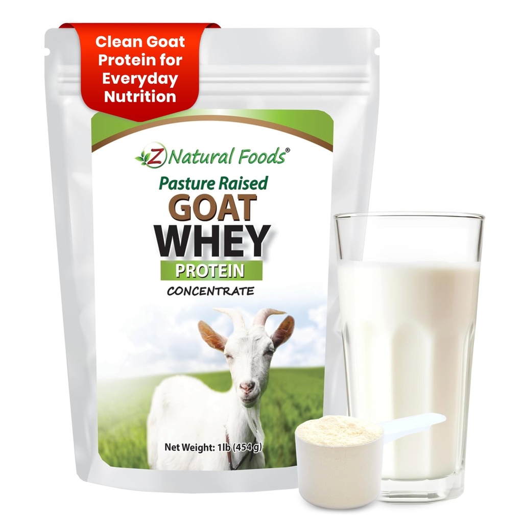 Z Natural Foods Goat Whey Protein Powder Concentrate - Undenatured, Unflavored, Pasture Raised Whey - Polvere di proteine della capra pulita con proteine vitali per la gestione del peso, supporto immunitario, fitness, 1 lb