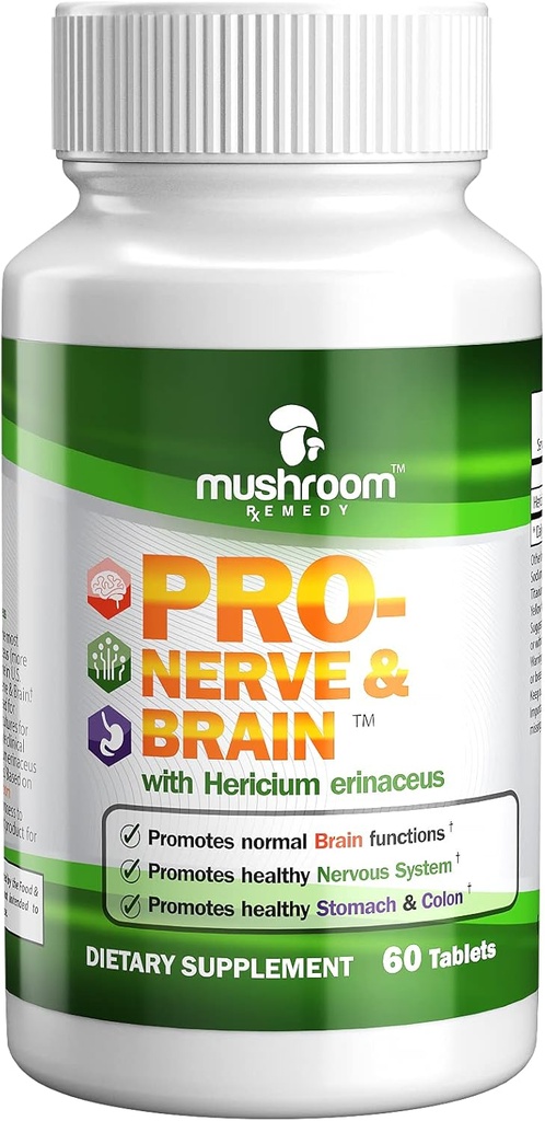PRO-Nerve & Brain | Integratore di erbe naturali per la memoria, Sistema nervoso, Stomach, Colon, Tratto digestivo, Estratto di funghi di Lion clinicamente studiato, Vegan, Non OGM, USA Made, 60 compresse