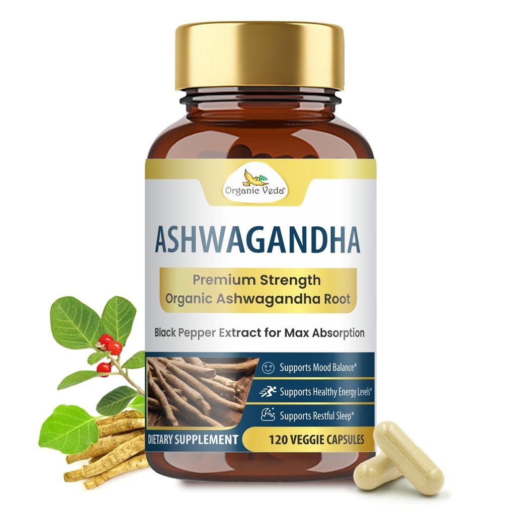 Organic Veda Ashwagandha Capsule, 2000mg - 100% Pure Ashwagandha Root Supplement con Estratto di pepe nero per assorbimento massimo - Boost Energy, Adrenale, Immunity & Mood - Vegan - 120 Count