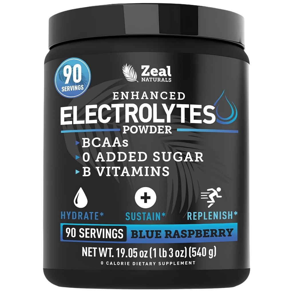 Zeal Naturals Electrolyte Powder Recovery Drink (90 Serve | Blue Raspberry) w 0 Zucchero +BCAAs +B-Vitamins Electrolyte Supplement w Potassium Zinc & Magnesium per l'idratazione - Keto Electrolytes