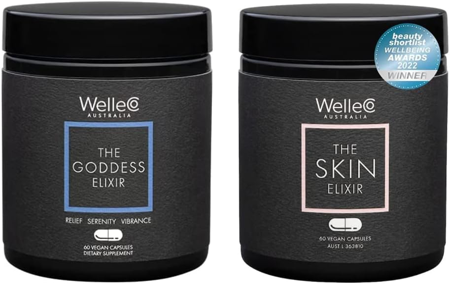 WelleCo La Dea Elisir e la Pelle Elisir Bundle | Menopause Supplemento, Equilibrio dell'ormone, Aiuta Maglioni Notturni e Flash Caldi | Supporta la formazione del collagene per la guarigione, la fermezza e l'elasticità