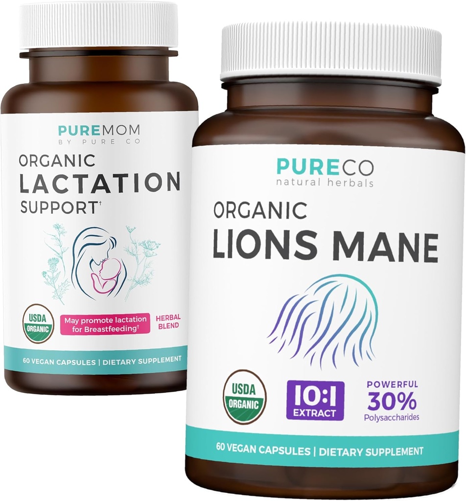 Supporto di lattazione & Lions Mane (1-mese di alimentazione) Mamme Bundle di sostegno organico di lattazione - Aiuto per le madri infermieri (60 capsule) & Organic Lions Mane Mushroom 10:1 estratto (60 capules)