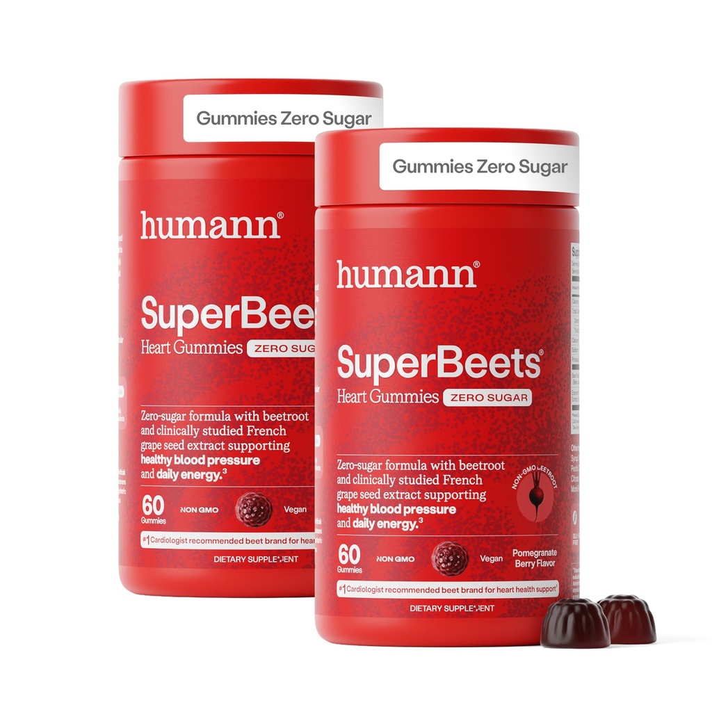 Gummies del cuore delle Superbeets di HumanN - Gomma della barbabietola con il supporto dell'energia di Heart-Healthy, estratto di semi di uva e polvere di barbabietola, zucchero libero - aroma di bacche di melograno, 120 conte