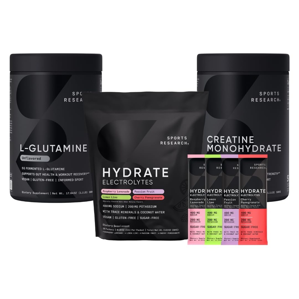 Ricerca sportiva L-Glutamina (1.1 lbs), senza zucchero naturalmente aromatizzato agli elettroliti 16x Variety Packets e creatina monoidrato (1.1 lbs)