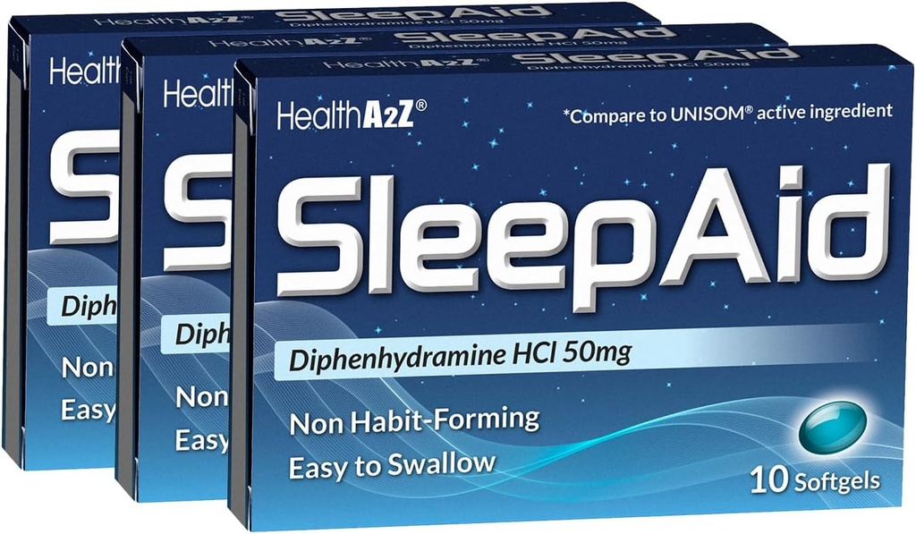 HealthA2Z® Sleep Aid | Diphenhydramine HCL 50mg | Softgels | Supporta sonno profondo più riposante | 10 conteggi (Pack of 3)