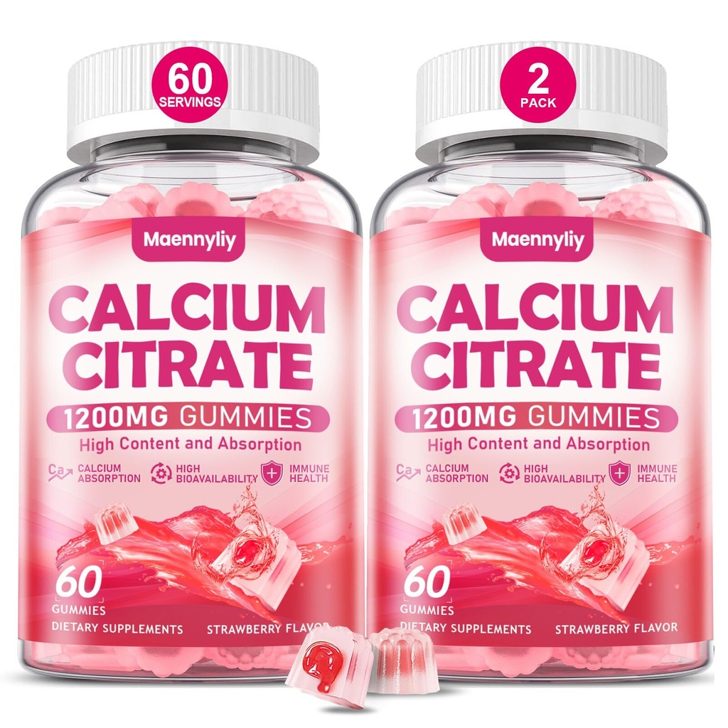 Calcium Citrate Gummies 1200 mg per adulti: Ultimate Absorption Calcium Supplemento per le donne e gli uomini - Facile da digerire, Vegan, Non OGM, Gluten Free - Natural Strawberry Flavor
