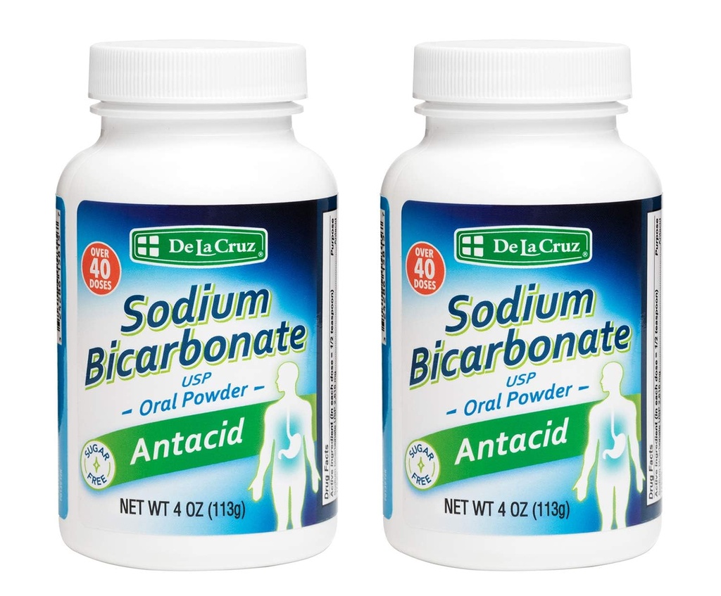 Polvere di bicarbonato di sodio puro di De La Cruz – lievito di sodio & polvere di cottura in alluminio Antacid gratuito per bruciore di stomaco & indigestione – imballato negli Stati Uniti - 4 OZ. (2 bottiglie)