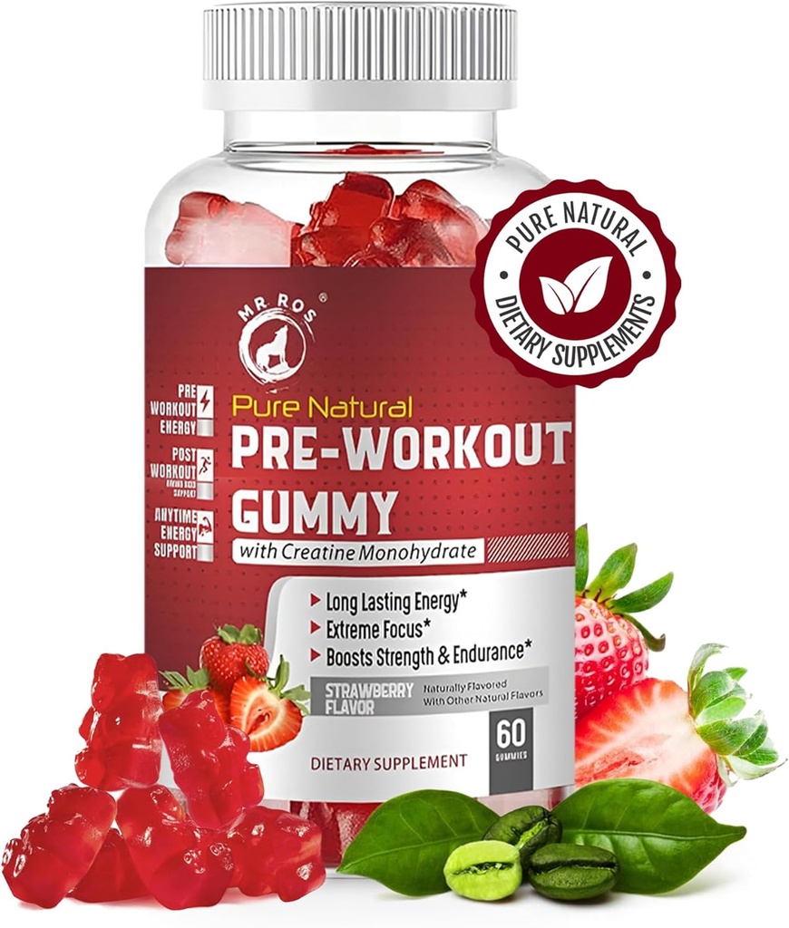 Pure Natural Pre-Workout Gummies con Creatine Monohydrate & Green Coffee Bean estrarre - Energia, Focus, Endurance Boost, Strawberry Flavor, 60 Gummies