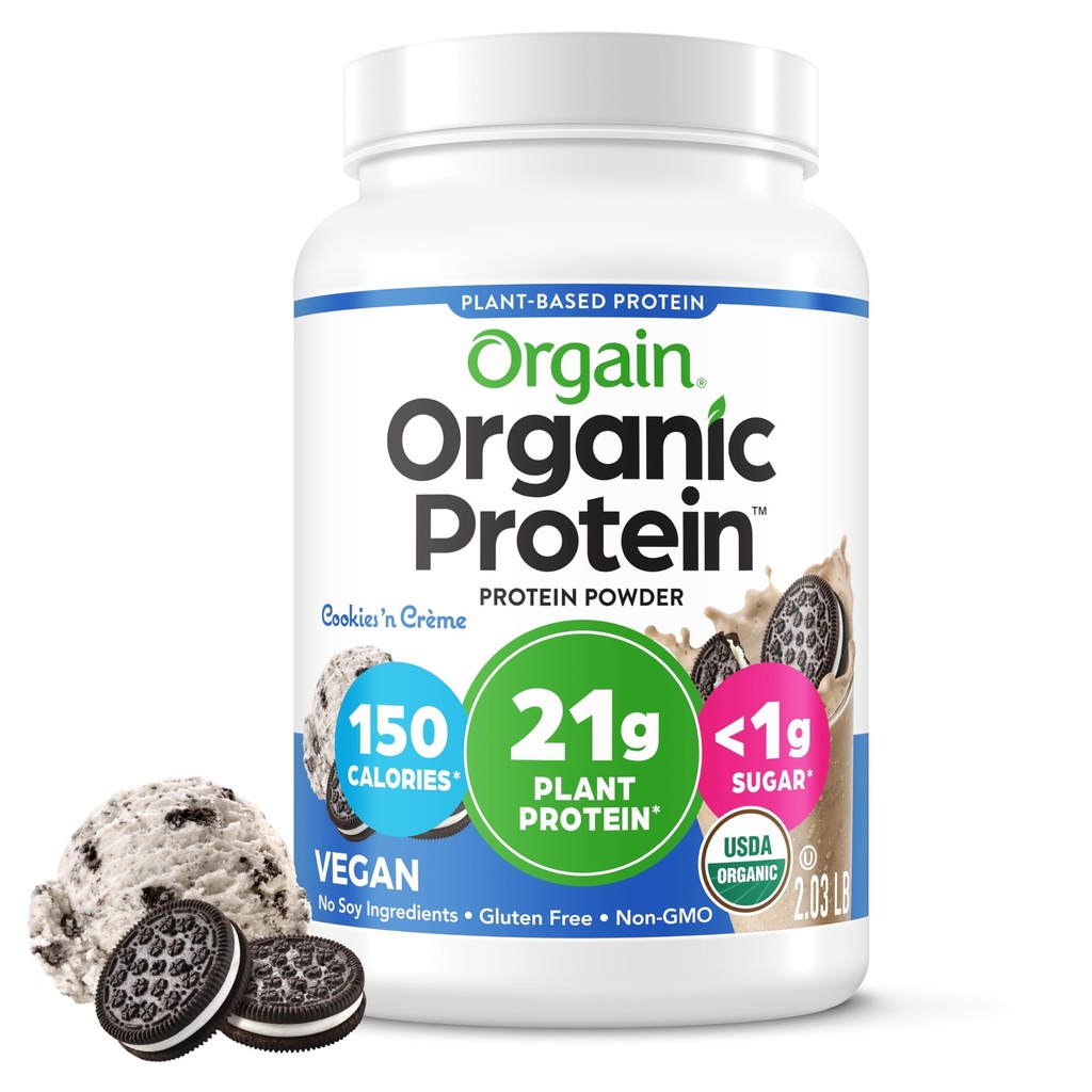 Orgain Organic Vegan Protein Powder, Cookies & Cream - 21g Plant Based Protein, 7g Prebiotic Fiber, Low Net Carb, Nessun Lattosio Ingredienti, Non Aggiunto Zucchero, Non OGM, Per Shakes & Smoothies, 2.03 lb