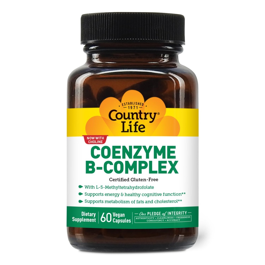 Country Life Coenzyme B-Complex, 60 capsule – Supporta energia & Metabolismo, Mood & Cognitive Function – Vegan, Gluten-Free, Biodisponibile B Vitamine con Choline