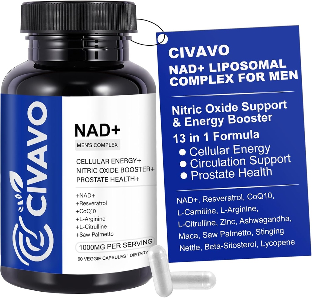 NAD+ Supplemento per gli uomini 1000mg, NAD+ con Resveratrolo, CoQ10, L-Citrulline & Maca Root – Energia cellulare, Supporto per l'invecchiamento sano, Antiossidante, Ossido Nitrico Salute Prostatica per gli uomini – 60 capsule