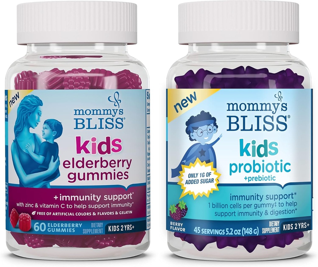 Bliss Kids Elderberry Gummies 60 Count (Pack of 1), and Kids Probiotic + Prebiotic Gummies 45 Count (Pack of 1), Support Kids Immunity and Healthy Digestion