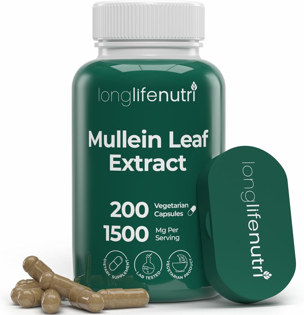 LongLifeNutri Mullein Leaf 1500mg 10:1 Extract - 200 capsule vegetariane, da polvere di foglie di Mullein organico, supplemento di erbe per la cura respiratoria, alimentazione di 2 mesi, non OGM, certificazione GMP, Made in USA