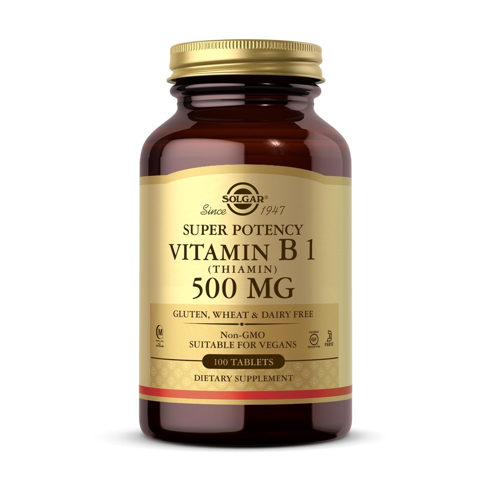 Solgar Vitamin B1 (Thiamin) - 100 compresse - Super Potency, 500mg Formula - Non OGM, Vegan, Gluten Free, Kosher, Halal - 100 Serve
