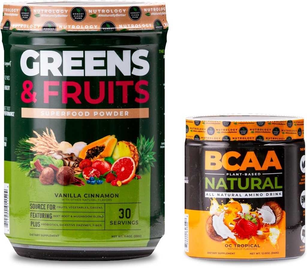 Nutrologia Greens & Fruits Powder-Naturally Sourced Superfood, Vanilla Cinnamon (30 Serve) BCAA naturale, vegetale a base di polvere BCAA, aroma di cocco arancione (30 Serve)