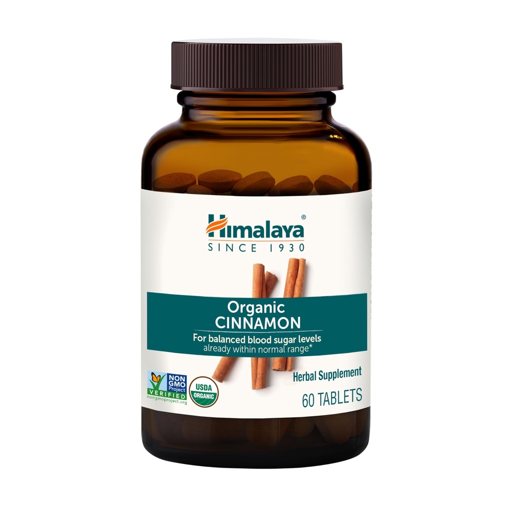 Himalaya Organic Cinnamon, 30 giorni di alimentazione - Herbal Glucose Metabolism Support - USDA Organic, Non-GMO, Vegan, Gluten Free, 1100 mg, 60 compresse