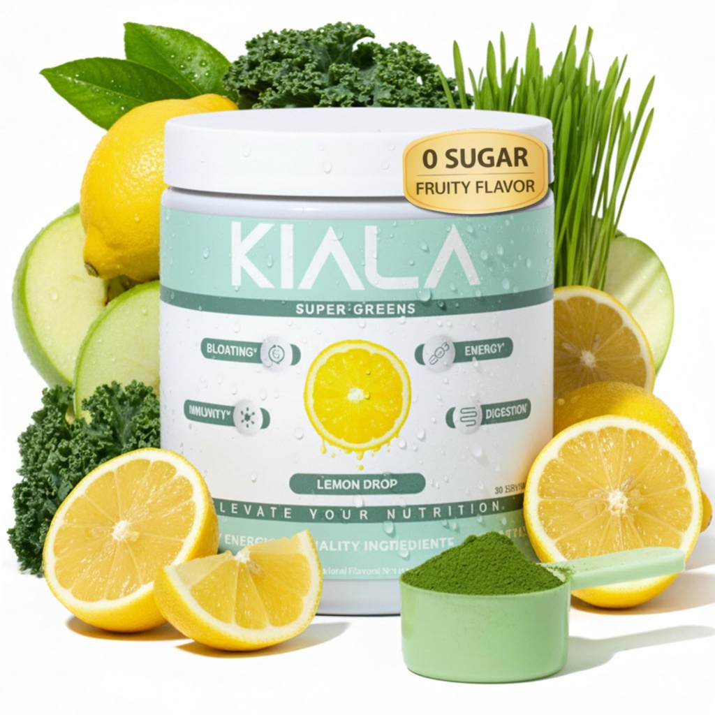 Kiala Nutrition Super Greens, Polvere di verde organico con Spirulina & Chlorella per la digestione, Gut Health, Immunity, Energy, Gluten Free, Vegan, Sugar Free, Spectra Blend, Lemon Drop, 30 Servings