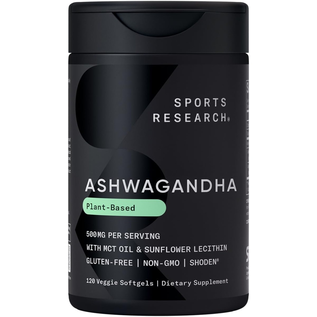Sport Research® Ashwagandha Softgels con olio di cocco MCT - Natural Ayurvedic Adaptogen Realizzato con Shoden® Ashwa per il relax, il supporto calma e sonno - Gluten Free & Vegan Friendly - 120 Count
