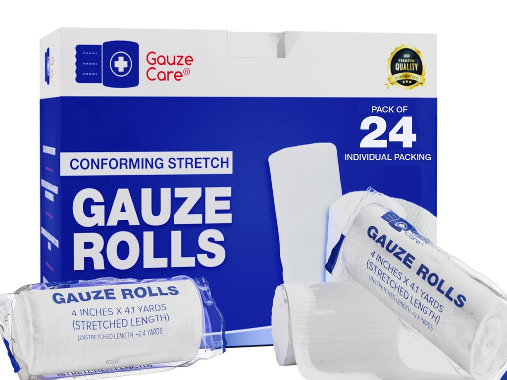 Gauze Rolls Pack di 24 – Premium Quality Lint e Latex-Free 4 pollici x 4.1 Yards Conforming Stretch Bandages Progettato per Efficace Wound Care & Comfort - Ideale per l'uso come fascia mammaria