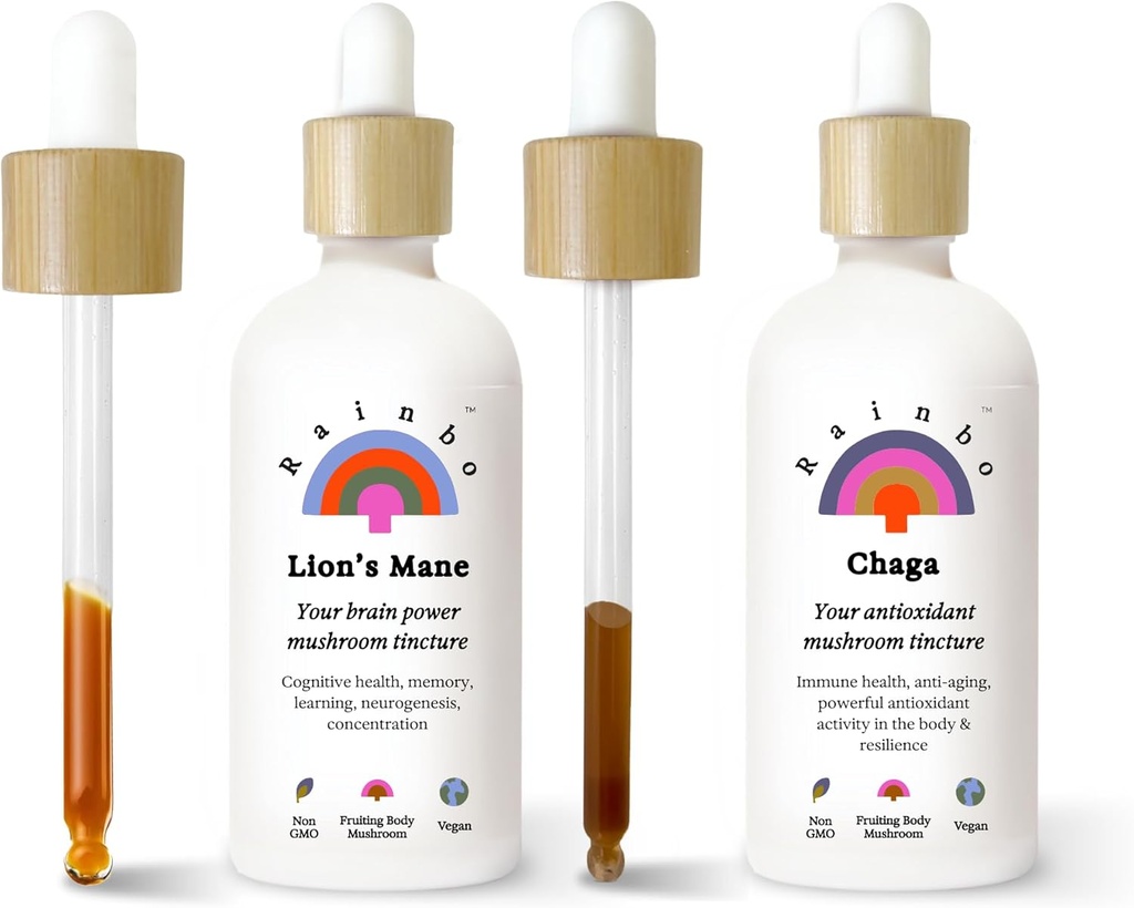 Rainbo Mushroom Bundle, Lion's Mane Mushroom Extract + Chaga Mushroom Tincture, doppio estratto Daily Mushroom Tinctures per il supporto immunitario completo, Vegan Liquid Mushroom Supplements