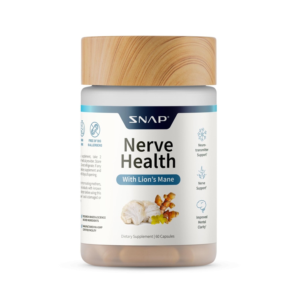 Snap Supplements Nerve Health Support con Lion’s Mane, Organic Turmeric & Herbs – Supporta Clarity Mentale, Memoria, Focus & Nerve Funzione – 60 capsule