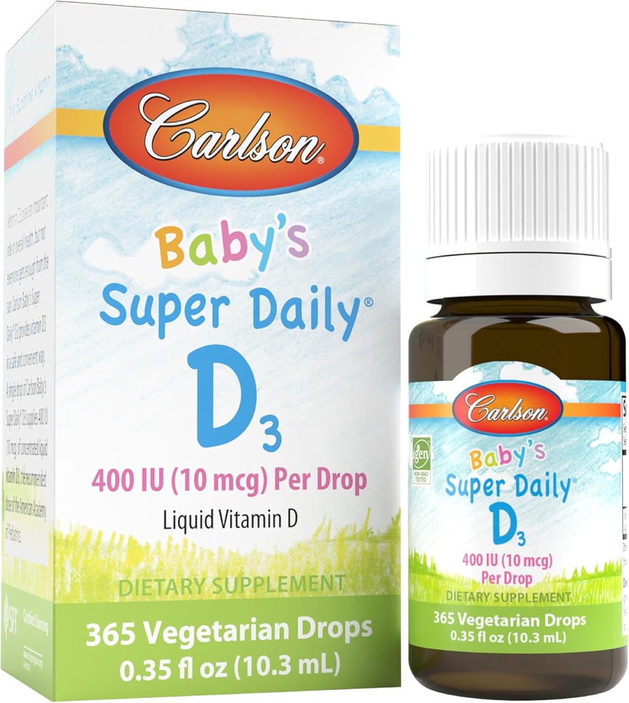 Carlson - Baby's Super Daily D3, Baby Vitamin D Drops, 400 IU (10 mcg) per Drop, 1-Year Supply, Vegetariano, Liquido Vitamina D per neonati e bambini, Unflavored, 365 Gocce