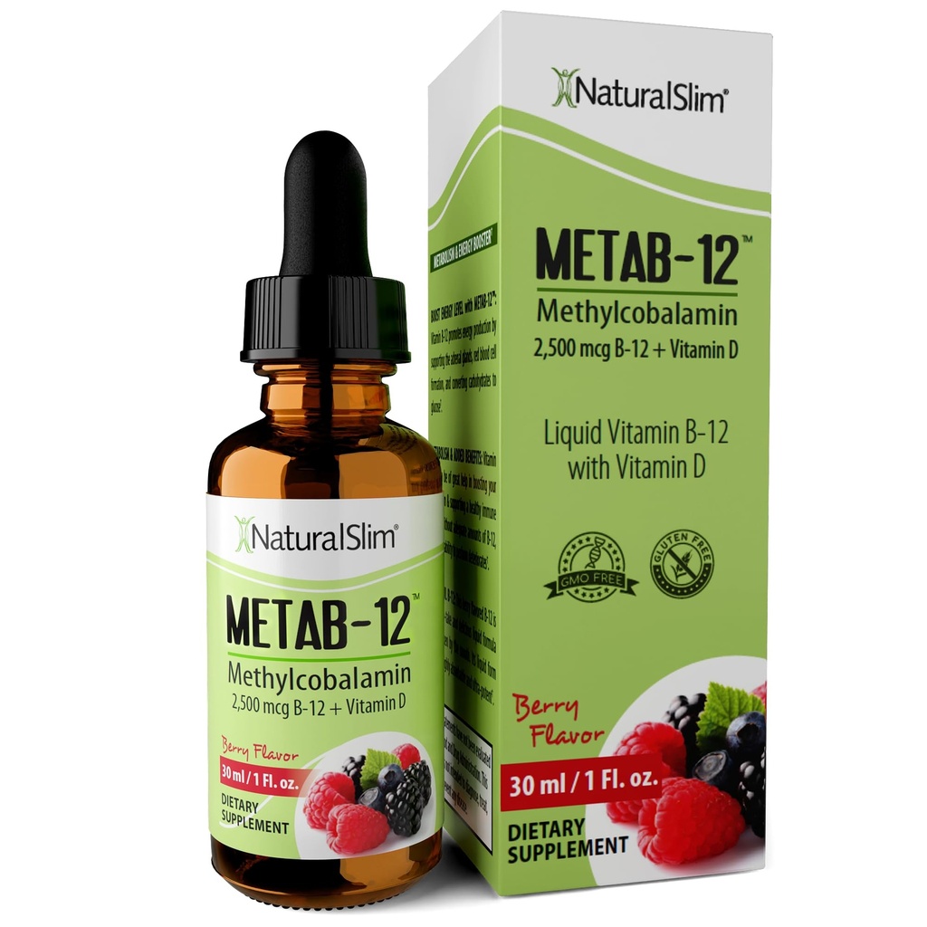 NaturalSlim Liquid B12 Vitamine con Vitamina D - Metab-12 Methylcobalamin 2500 mcg B12 Gocce sublinguali per Metabolismo, Energia e supporto immunitario - Berry Flavor 1 fl oz