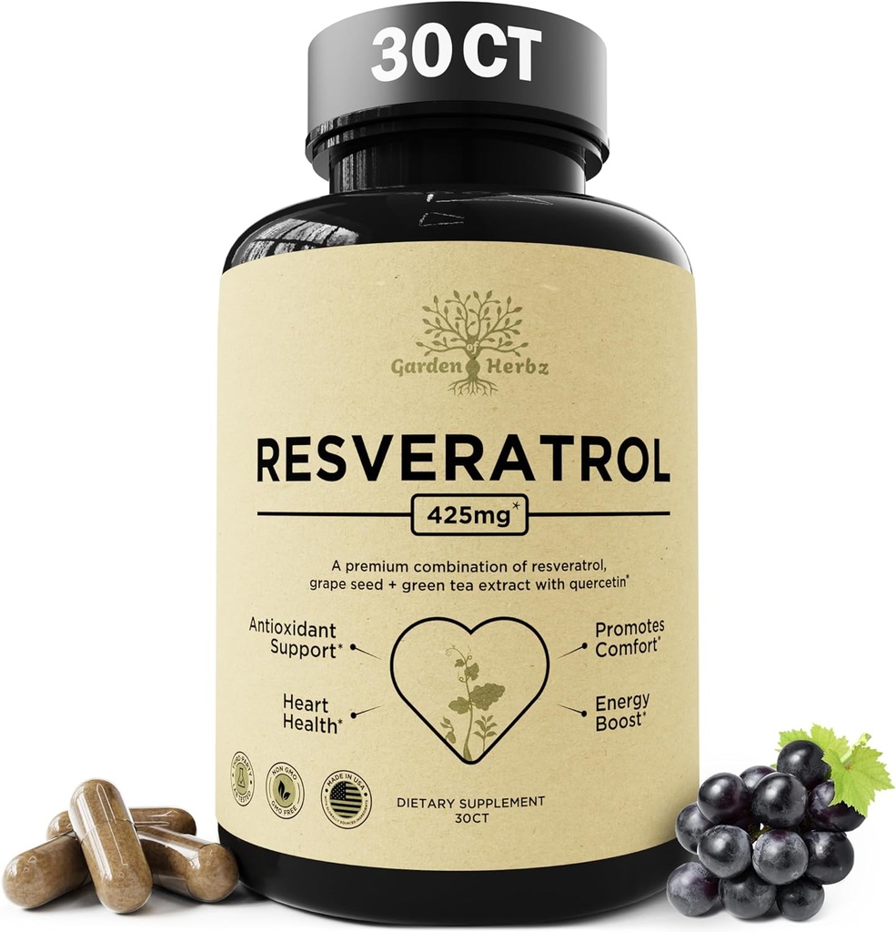 Quercetin & Resveratrolo Integratore con Grape Seed – 425 mg di erbe Antiossidante & Wellness Support – Polyphenols & Nutrient Blend per la salute generale, 30Ct