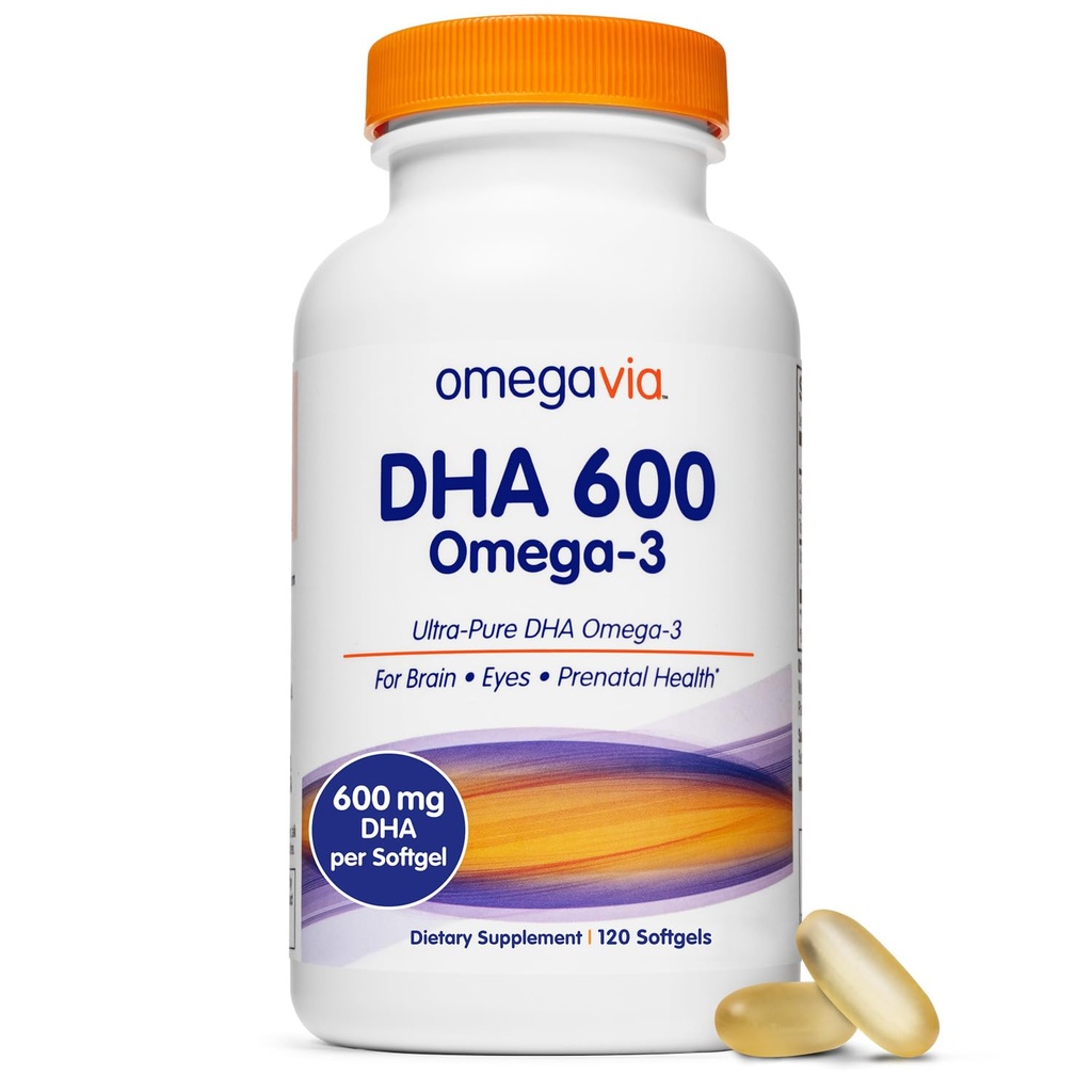 OmegaVia DHA 600 mg, Integratori DHA Omega-3 Ultra Pure per Cervello e Occhi, Vitamine Prenatali DHA per Donne, Olio di Pesce Burpless Omega 3, IFOS Testato, 120 Softgels