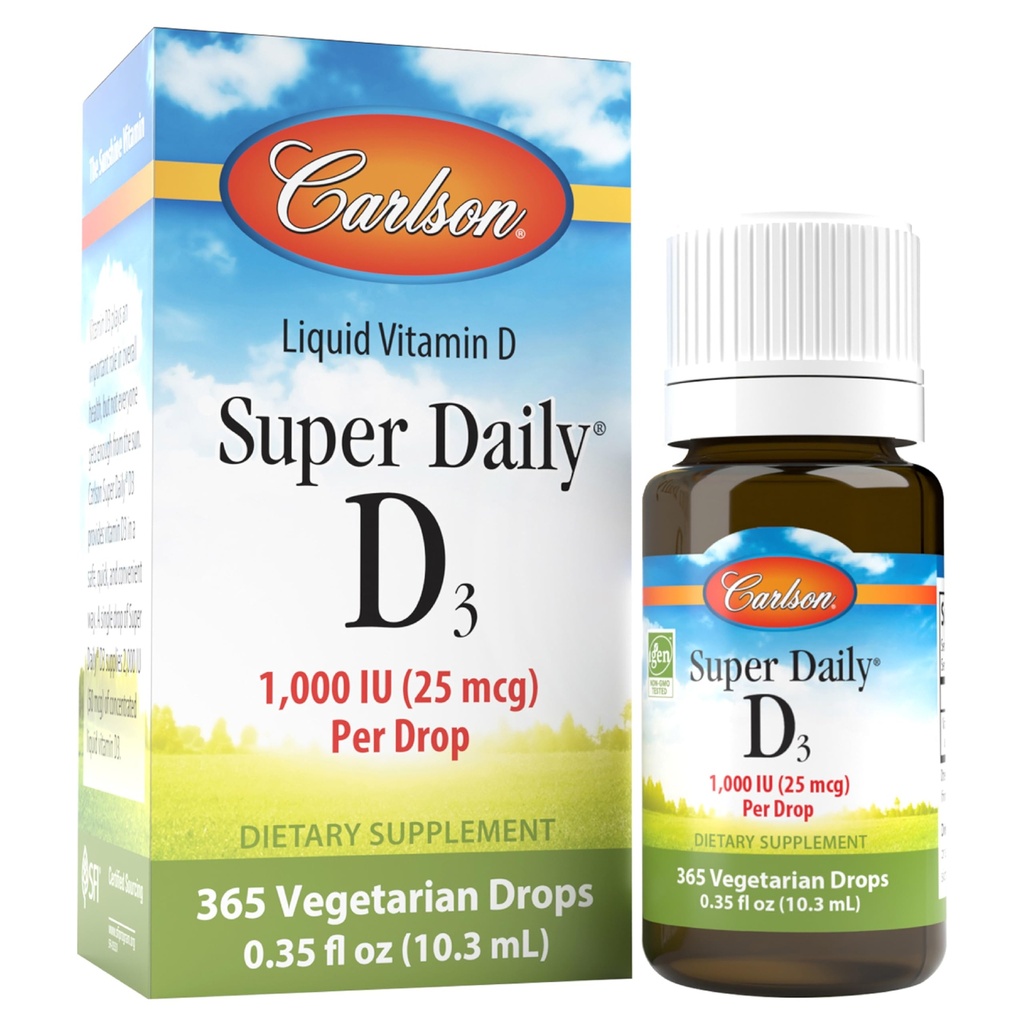 Carlson - Super Daily D3, Vitamina D Gocce, 1.000 UI (25 mcg) per Goccia, 1-Year Supply, Vitamina D3 Liquido, Cuore e Salute Immune, Vegetariano, Liquid Vitamina D3 Gocce, Non aromatizzato, 365 Gocce