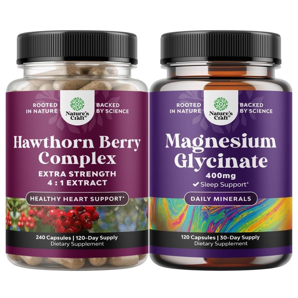 Natures Craft Bundle of Extra Strength Hawthorn Berry Capsule - Estratto di digestione e supplemento di salute del cuore e Pure Magnesium Glycinate 400mg Per servire per il sonno del mood e relax