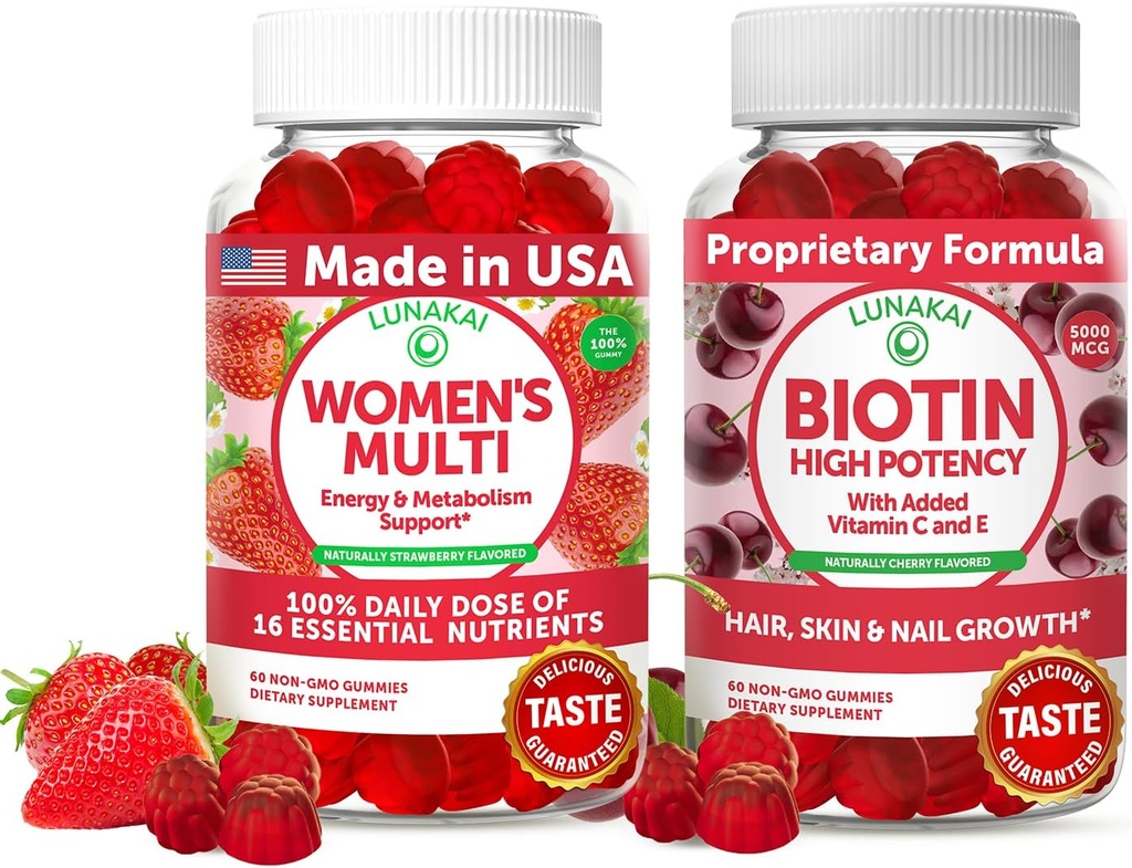 Lunakai USA Made Womens Multivitamin & Biotin Gummies Bundle – Energy & Hair, Skin, Nail Support – Naturally Flavored – 60 Gummies Non OGM