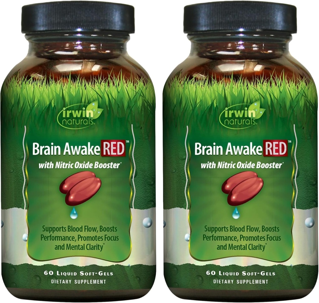 Irwin Naturals Brain Awake RED con Nitric Oxide Booster - 60 Liquid Soft-Gels, Confezione da 2 - Support Brain Health & Optimize Performance - 40 Total Servings