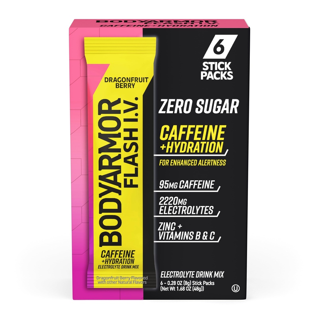 BODYARMOR Caffeinated Flash I.V. Electrolyte Packets - Dragonfruit Berry - Zero Sugar Energy Drink Mix, Single Serve Packs, Hydration for Pre Workout, Travel Essentials, Active Lifestyle (6 Conte)