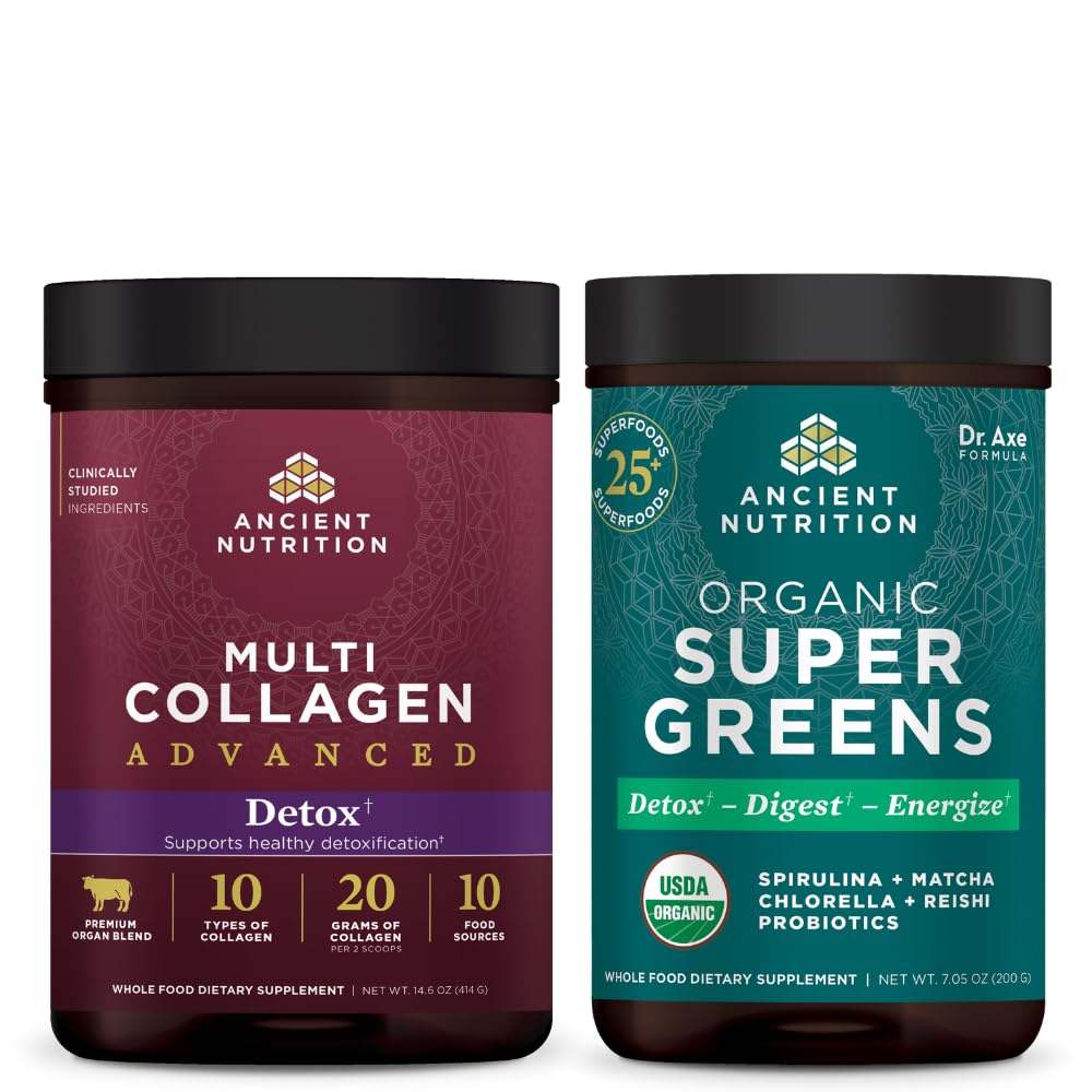 Antica nutrizione multi collagene polvere avanzata Cleanse & Detox, non aromaed, 36 porzioni + polvere SuperGreens organico, aromi verdi, 25 porzioni