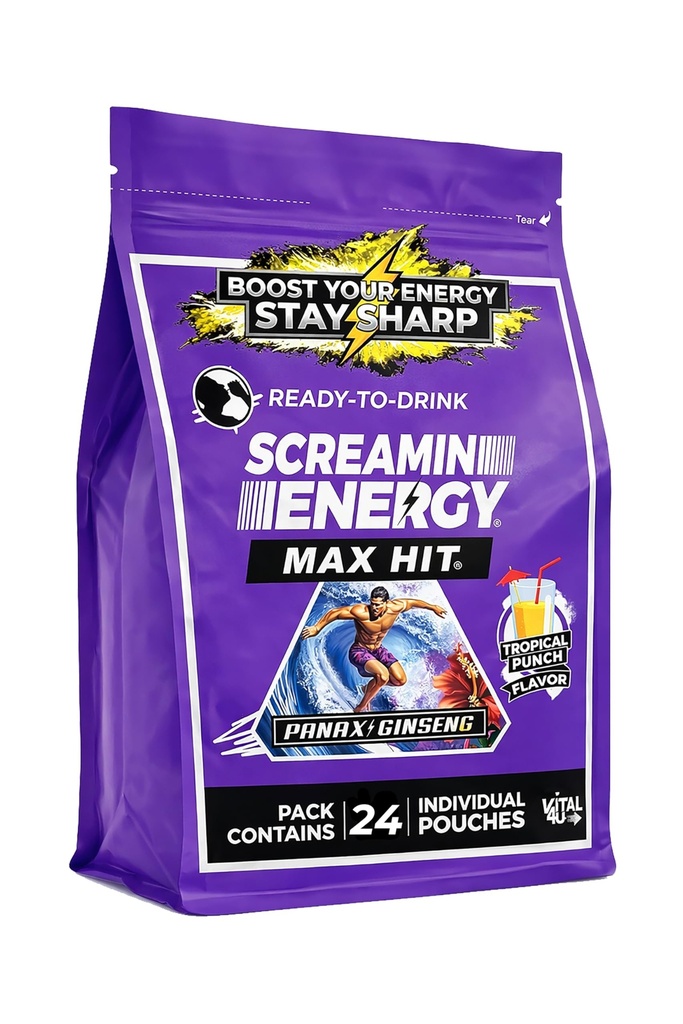Screamin Energy Max Hit Tropical Punch Flavor - Massima resistenza Sugar Free Energy Shot con Ginseng, Vitamine B e Caffeina - 24 Conte