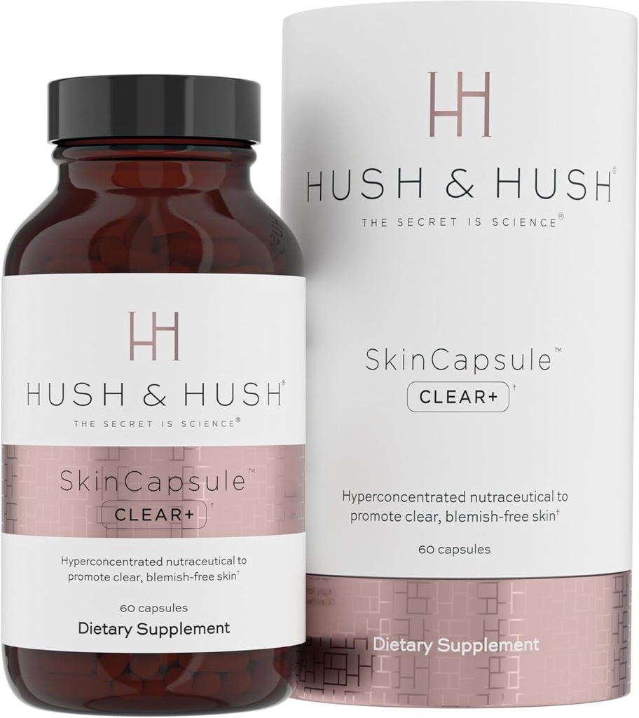 Hush & Hush SkinCapsuleTM Clear+, Integratore per la cura della pelle, Vegan, Trattamento per l'acne per il viso, Integratori Nutraceutici Puliti che contengono vitamina A, Turmerico, Radice di Dandelion, Zinco - 60 capsule