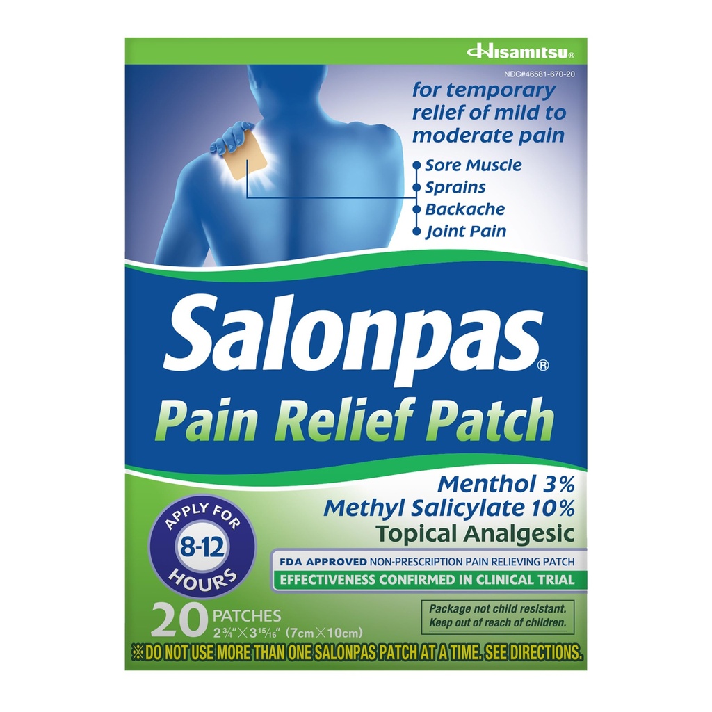 Salonpas Pain Relief Patch, 20 Conte (Pack of 1), Fino a 12 ore Rilievo temporaneo di dolore da lieve a moderata, Backache, Muscolo del dolore, Sprains, Bruises