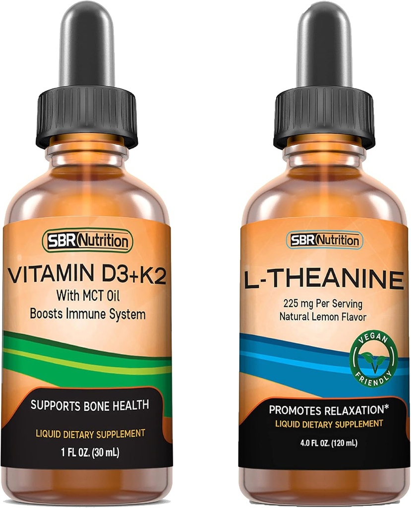 SBR Nutrizione D3+K2 e L-teanina Bundle Vitamina D3K2 (MK7) Gocce liquide, Menta piperita, 1oz | L theanine 225mg Gocce liquide, 2oz | per adulti e bambini | Non OGM, Senza glutine