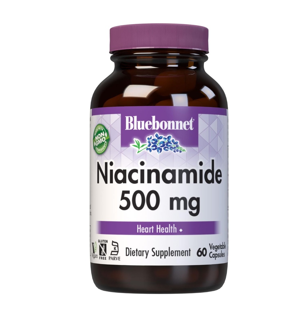 Bluebonnet Nutrition Niacinamide 500mg, Supporta la salute cardiovascolare*, Soia-Free, Senza glutine, Non OGM, Kosher Certificato, Dairy-Free, Vegan, 60 Capsule Vegetali, 60 Serve